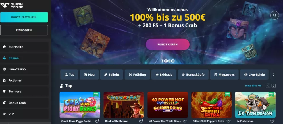 Buran Casino – 100% Bonus bis zu 500€ + 200 Freispiele sichern